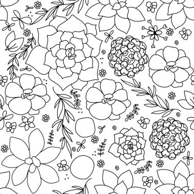 Çizilmiş sulandırmalar, kaktüsler, çiçekler ve vektör çizimleri. Tek renkli desen tasarımı.