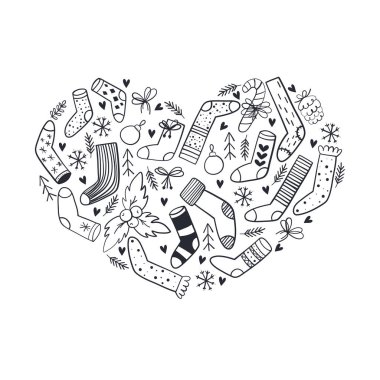 Noel arkaplanı, el çizimi unsurlar kalpte sıralanmış. Paket kağıdı, poster, reklam, giysi, kumaş için ideal..