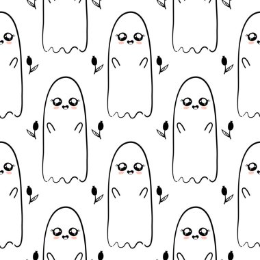 Ürkütücü hayalet monokrom el çizimi desen arka plan. Paket kağıdı, poster, reklam, giysi, kumaş için ideal.. 