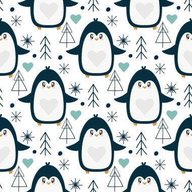 Noel ağacı desenli şirin el çizimi penguenler.