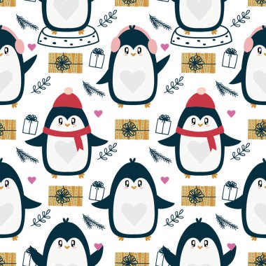 Penguen desenli arka plan güzel el çizimi. Kış ve Noel atmosferi.