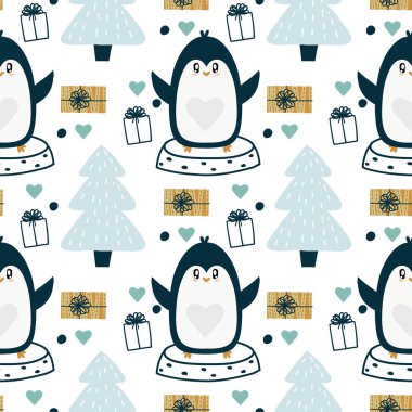 Penguen desenli arka plan güzel el çizimi. Kış ve Noel atmosferi.