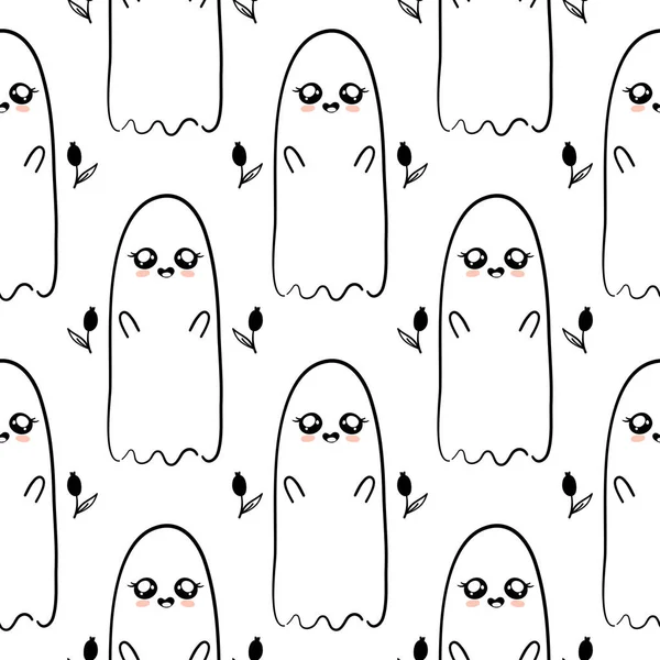 Spooky ghost monochrome hand drawn pattern background.  Ideal for wrapping paper, poster, advert, apparel, cloth. — Stock Vector
