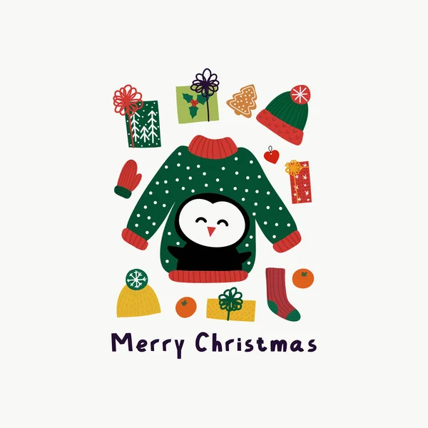 Feliz Natal vetor de impressão. Camisola de malha quente, chapéu, cachecol e mitenes, árvore decorada — Vetor de Stock