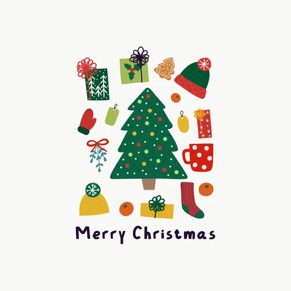 Bonne année impression vectorielle. Chapeau, écharpe et mitaines tricotés chauds, arbre décoré, chocolat chaud . — Image vectorielle