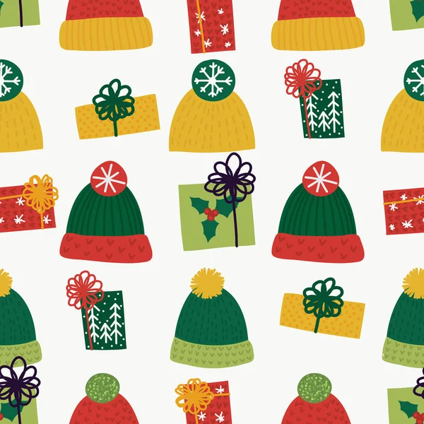 圣诞礼物，针织围巾和手套，帽子。 模式向量背景. — 图库矢量图片