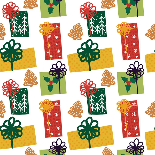 Nový rok dárky, dárky a zázvorové sušenky. Vzorek vektorové pozadí. — Stockový vektor