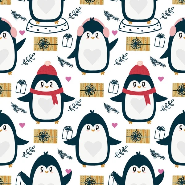Carino disegnato a mano pinguini modello di sfondo. Tempo invernale e atmosfera natalizia . — Vettoriale Stock