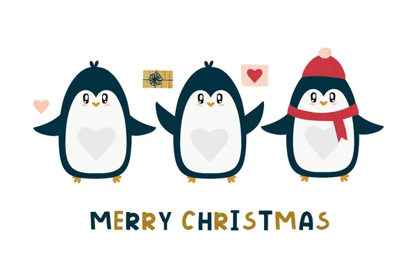 Bonito desenho animado pinguins impressões vetoriais, férias de inverno. Ideal para livros infantis, cartões, vestuário e pano . — Vetor de Stock
