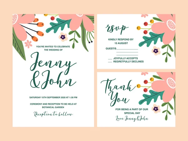 Wedding Invitations, set different cards, thank you and rsvp. Hand drawn vector flowers, trendy design. — Stock Vector