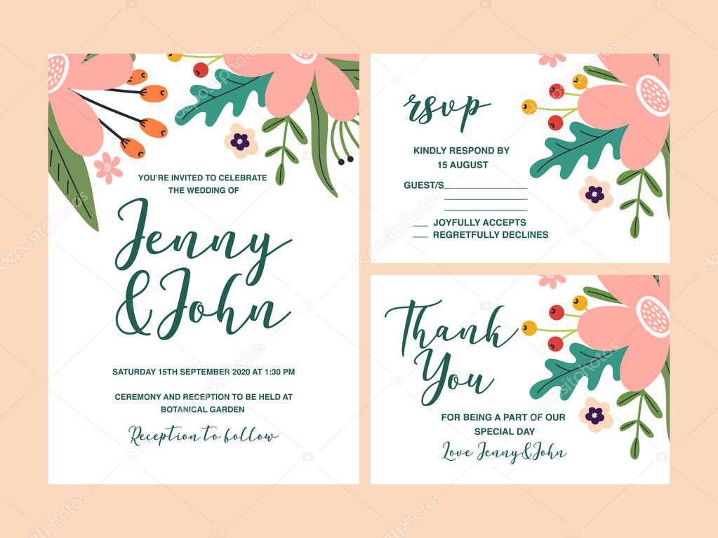 Wedding Invitations, set different cards, thank you and rsvp. Hand drawn vector flowers, trendy design. 