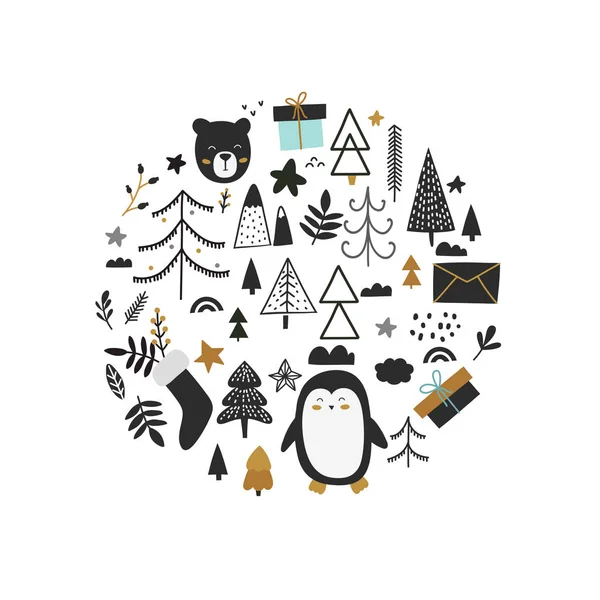 Téli elemek, pingvin, medve, fák és ajándékok, doodle stílusú vektor nyomat alakú kör — Stock Vector