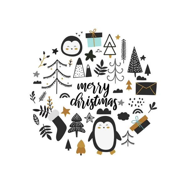 Feliz Natal saudação, elementos, pinguins, árvores e presentes, doodle estilo vetor de impressão em forma de círculo — Vetor de Stock