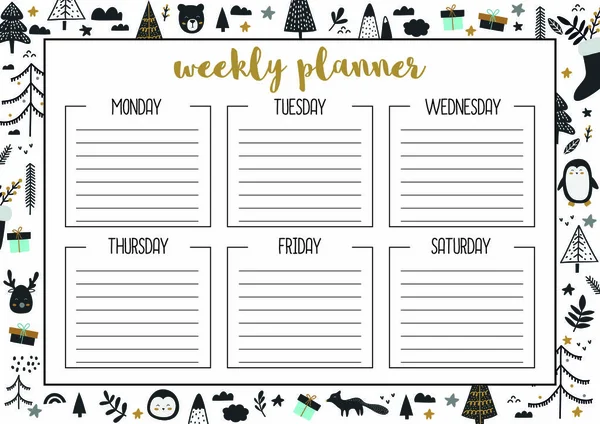 Weekly  planner, A4 format printable page .  Christmas, winter planners for notebook — Stock Vector