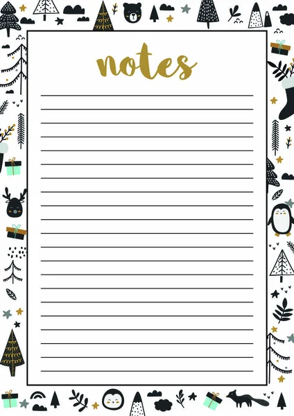 Notes  planner, A4 format printable page .  Christmas, winter planners for notebook — Stock Vector