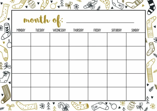 Monthly  planner, A4 format printable page .  Christmas, winter planners for notebook — Stock Vector