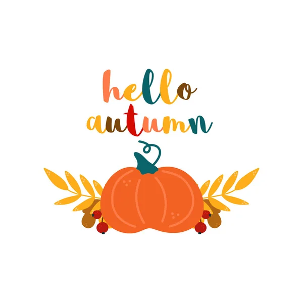 Bonjour impression vectorielle d'automne, citrouille orange et feuilles. Design mignon pour enfants — Image vectorielle