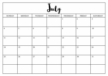 Yıl 2020 Temmuz planlayıcı, Temmuz 2020 için aylık planlama takvimi 