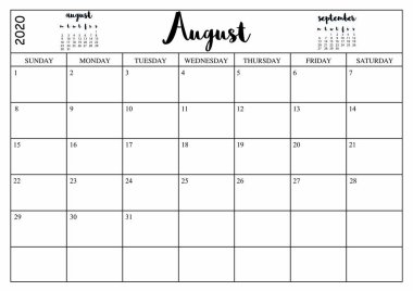 Yıl 2020 Ağustos planlamacısı, Ağustos 2020 için beyaz zemin üzerine aylık planlama takvimi.