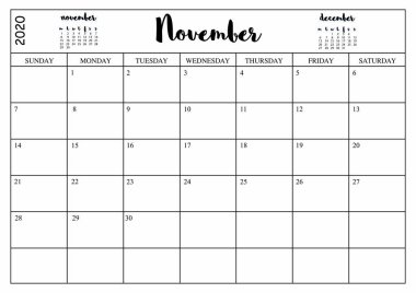 Yıl 2020 Kasım planlamacısı, Kasım 2020 için beyaz zemin üzerine aylık planlama takvimi.