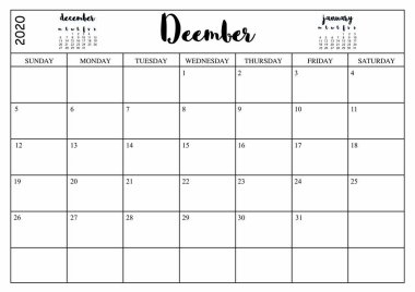 Yıl 2020 Aralık planlamacısı, Aralık 2020 için beyaz arkaplan takvimi.