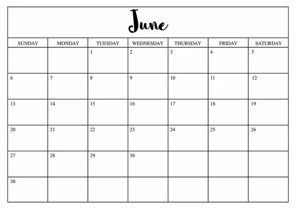 Ano 2020 planejador de junho, calendário planejador mensal para junho 2020 — Vetor de Stock