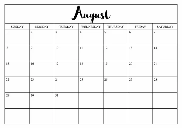 Jaar 2020 Augustus planner, maandelijkse planner kalender voor augustus 2020 — Stockvector