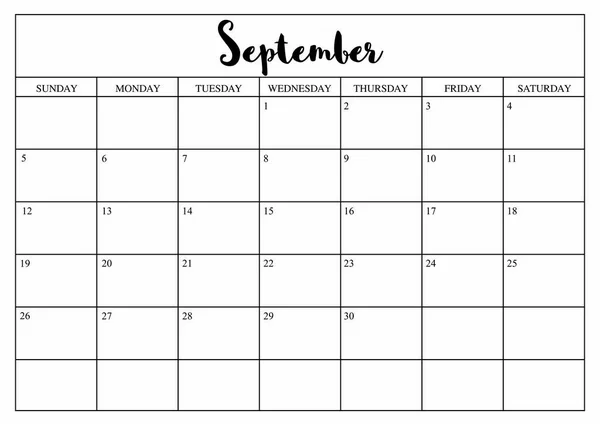 Année 2020 Septembre planificateur, calendrier mensuel du planificateur pour septembre — Image vectorielle