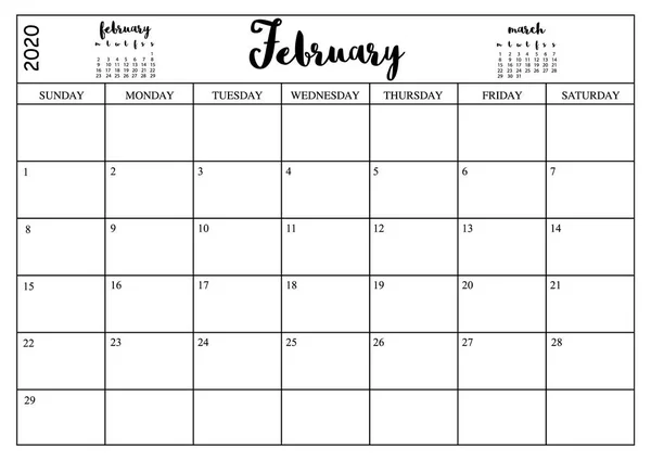 Jaar 2020 Februari Planner Maandelijkse Planner Kalender Voor Februari 2020 — Stockvector