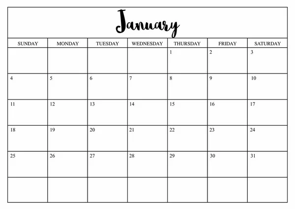 Jaar 2020 Januari planner, maandelijkse planner kalender voor januari — Stockvector