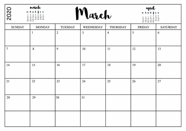 Year 2020 March Planner Monthly Planner Calendar March 2020 White — Stock Vector