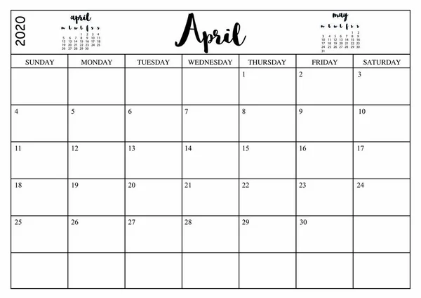 Year 2020 April Planner Monthly Planner Calendar April 2020 White — Stock Vector