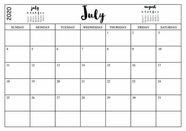 Jaar 2020 Juli Planner Maandelijkse Planner Kalender Voor Juli 2020 — Stockvector