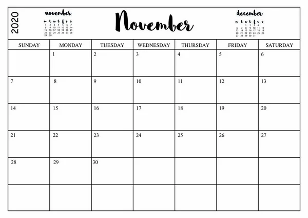 Année 2020 Novembre Planificateur Calendrier Planificateur Mensuel Pour Novembre 2020 — Image vectorielle