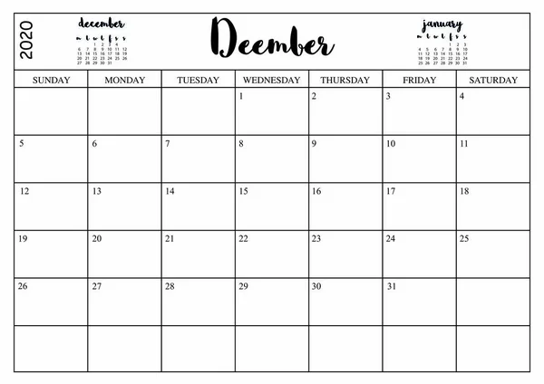 Año 2020 Planificador Diciembre Calendario Planificadores Mensuales Para Diciembre 2020 — Vector de stock