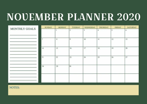Año 2020 Planificador de noviembre, calendario mensual de noviembre — Vector de stock