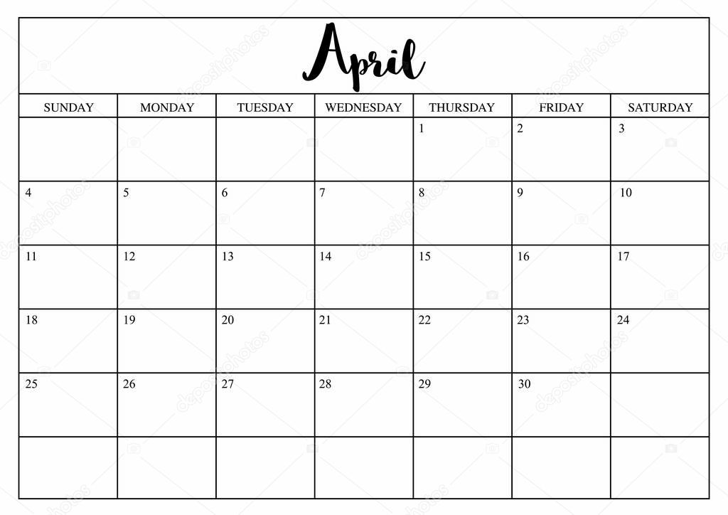 Year 2020 April planner, monthly planner calendar for April  2020