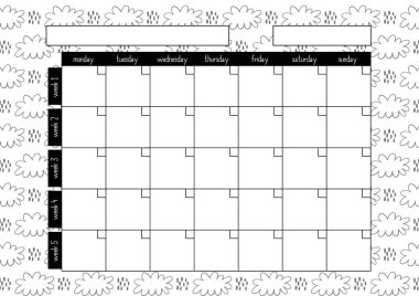 Aylık planlayıcı, A4 boyutu biçimi, günlükler, düzenleyiciler, defterler ve kitaplar için basılabilir sayfa.