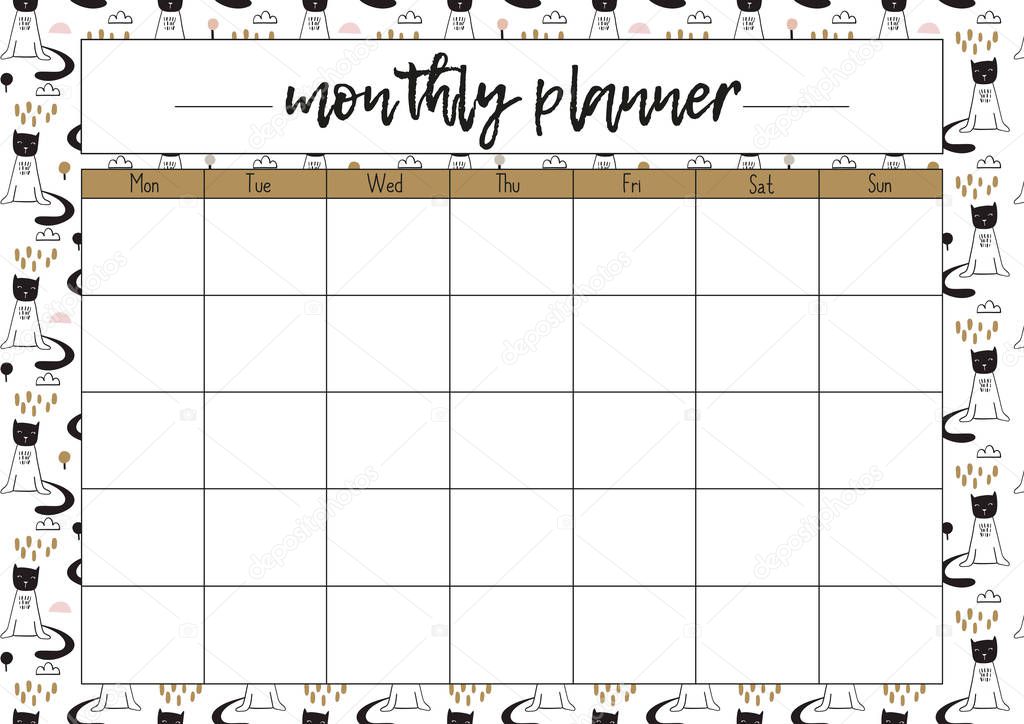 Monthly planner, A4 size format, printable page for diaries, organisers, notebooks and books.