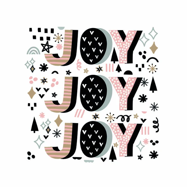 Joy cita ilustración vectorial con diferentes elementos decorativos. Letras dibujadas a mano en marco cuadrado. Invierno, Navidad . — Vector de stock