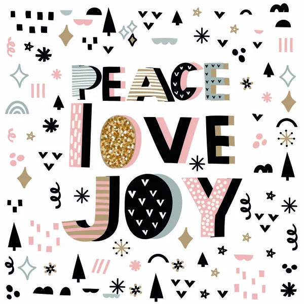 Paz, amor, alegría cita vector ilustración con diferentes elementos decorativos. Letras dibujadas a mano en marco cuadrado. Invierno, Navidad . — Vector de stock