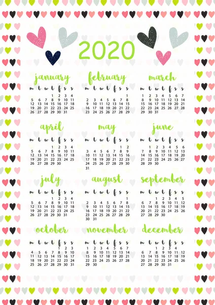2020 Kalender Mit Herzen Format Druckbare Seite Für Notizbuch Veranstalter — Stockvektor
