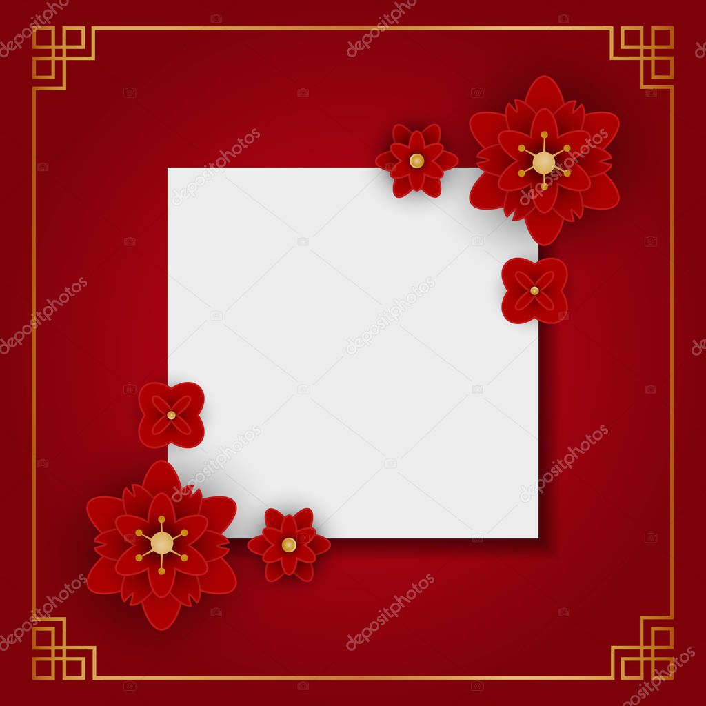 Paper cut flowers on Chinese pattern with a copy space. Oriental frame on blue background. Ideal for invitation, greeting, flyer, poster etc.