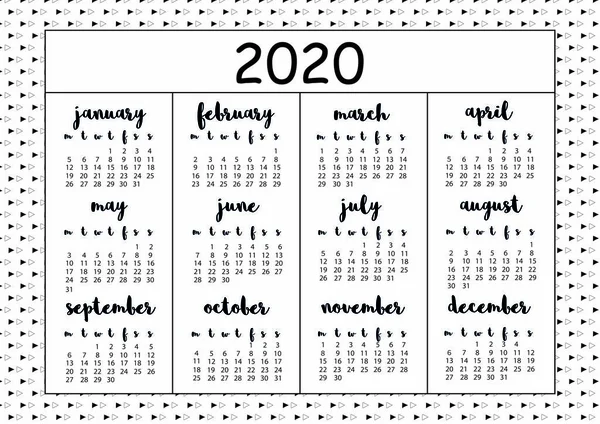 Календарь 2020 с нарисованным вручную монохромом, эскизные элементы, формат А4, страница для печати ноутбука, организатор, книга . — стоковый вектор