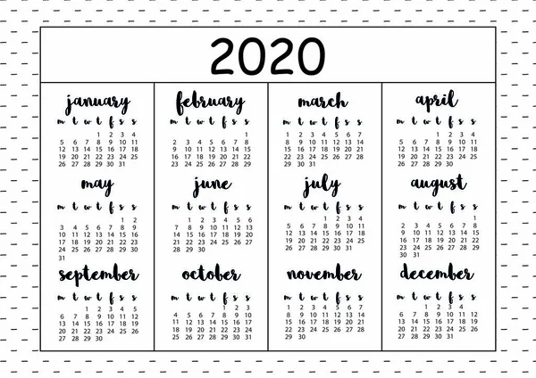 Calendario 2020 con monocromo dibujado a mano, elementos bosquejados, formato A4, página imprimible para notebook, organizador, libro . — Archivo Imágenes Vectoriales