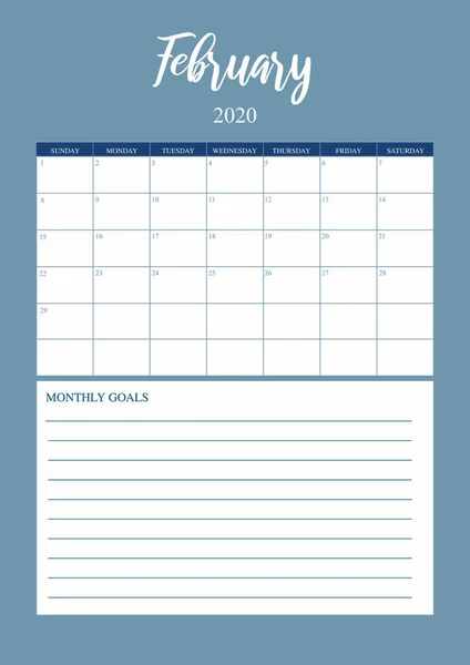 Año 2020 Planificador de febrero, calendario de planificador mensual para febrero — Vector de stock