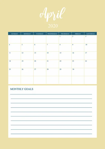 Año 2020 planificador de abril, calendario de planificador mensual para abril — Vector de stock