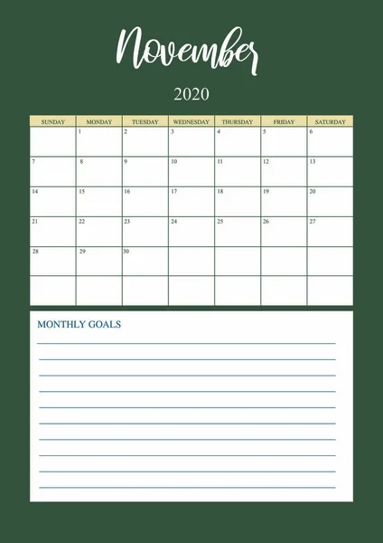 Año 2020 Planificador de noviembre, calendario mensual de noviembre — Vector de stock