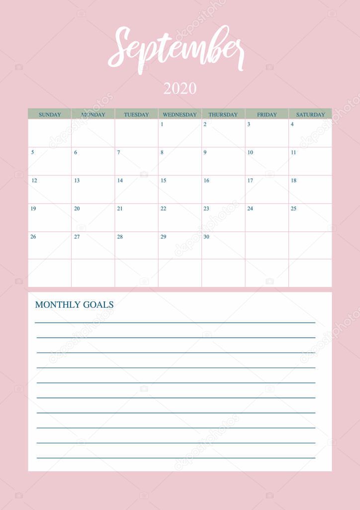 Year 2020 September planner, monthly planner calendar for September