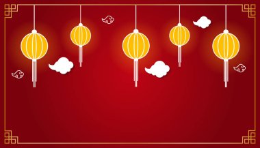 Altın oryantal Çin çerçeveli kırmızı zemin, fenerler ve bulutlar. Vektör İllüstrasyonu. Selamlar, kart, el ilanları, davetiyeler, posterler, broşürler, afişler, takvimler için arka plan.